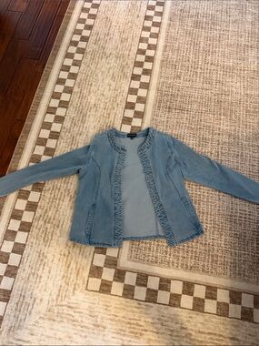 Susan Graver Light Blue Ruffle-Trim Jean Jacket
